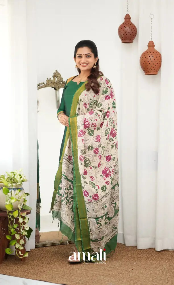 Tara Mangalagiri Silk Cotton Salwar - Bottle green and Off-white - salwar