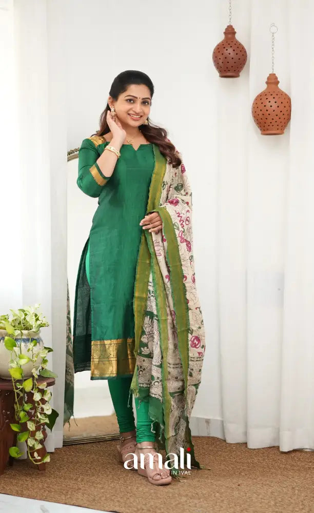 Tara Mangalagiri Silk Cotton Salwar - Bottle green and Off-white - salwar