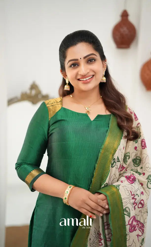Tara Mangalagiri Silk Cotton Salwar - Bottle green and Off-white - salwar