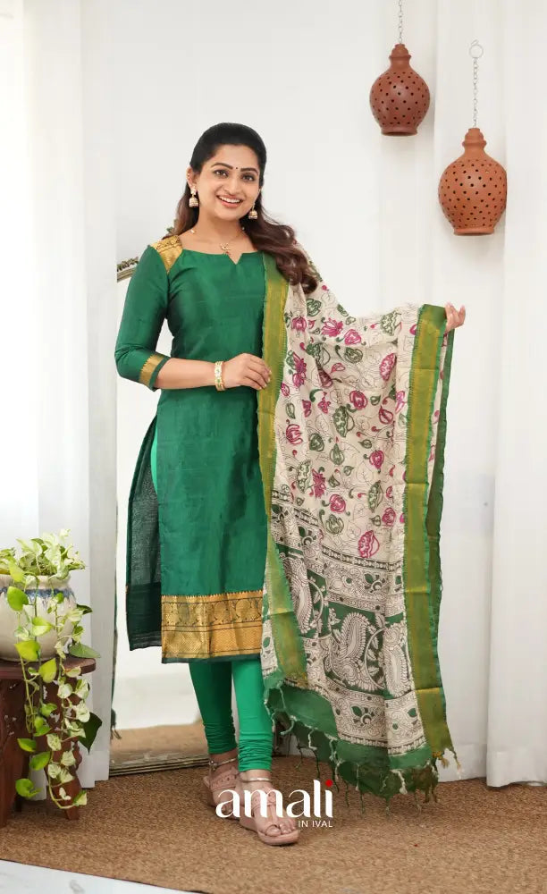 Tara Mangalagiri Silk Cotton Salwar - Bottle green and Off-white - salwar
