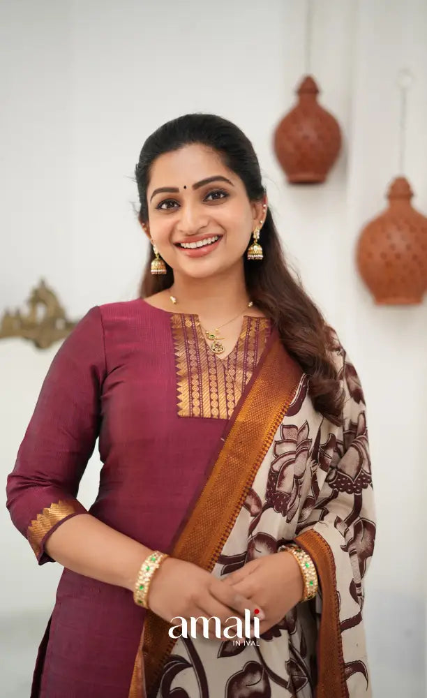 Tara Mangalagiri Silk Cotton Salwar - Maroon and Off-white - salwar