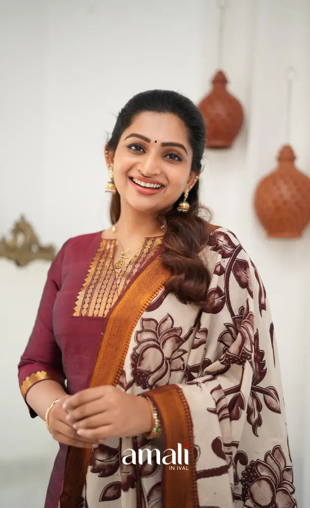 Tara Mangalagiri Silk Cotton Salwar - Maroon and Off-white - salwar