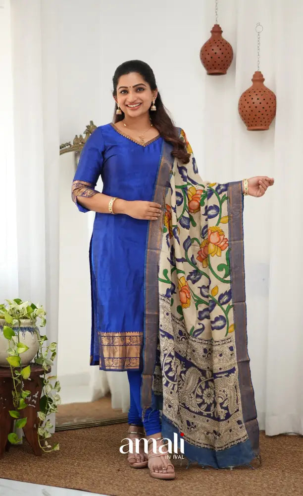 Tara Mangalagiri Silk Cotton Salwar - Royal blue and Off-white - salwar