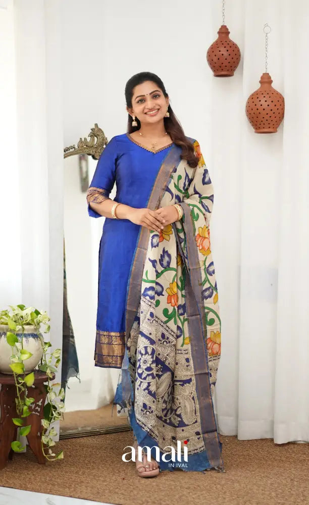 Tara Mangalagiri Silk Cotton Salwar - Royal blue and Off-white - salwar