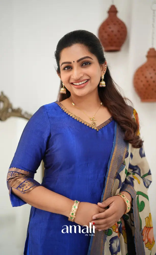 Tara Mangalagiri Silk Cotton Salwar - Royal blue and Off-white - salwar