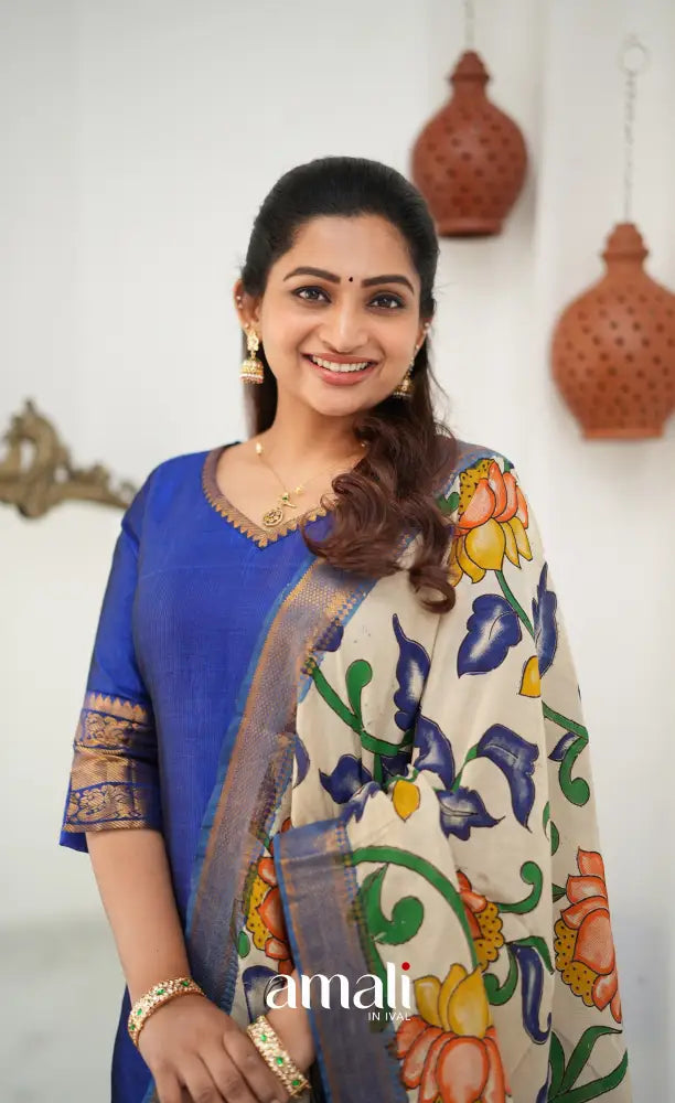 Tara Mangalagiri Silk Cotton Salwar - Royal blue and Off-white - salwar