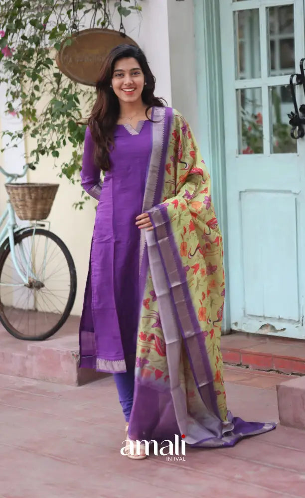 Tara Purple and Yellow Mangalagiri Handloom Salwar Set - salwar
