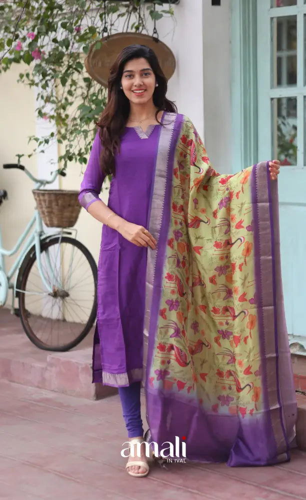 Tara Purple and Yellow Mangalagiri Handloom Salwar Set - salwar