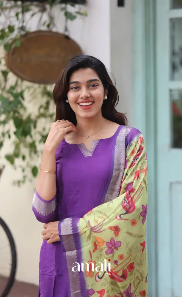 Tara Purple and Yellow Mangalagiri Handloom Salwar Set - salwar