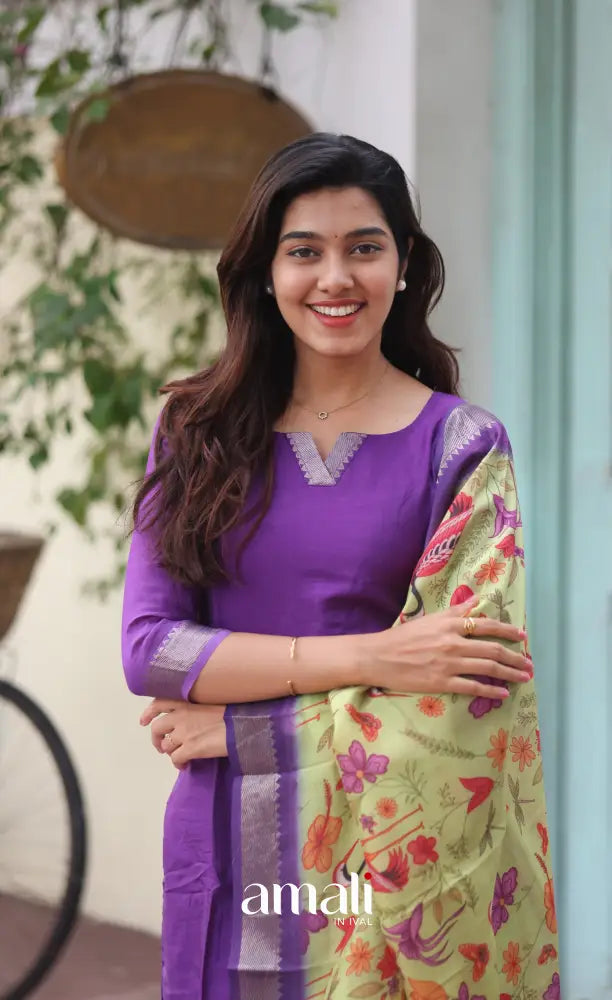 Tara Purple and Yellow Mangalagiri Handloom Salwar Set - salwar