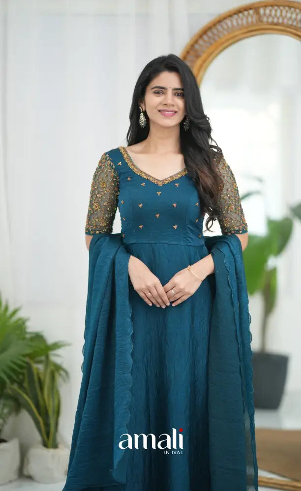 Teal Blue Aari Handworked Anarkali Anarkalis