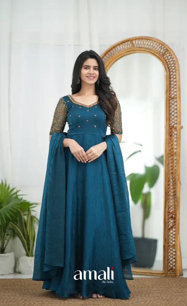 Teal Blue Aari Handworked Anarkali Anarkalis
