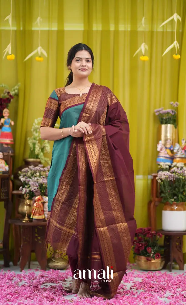 Teal blue and Brown Chettinad Cotton Salwar Set - salwar