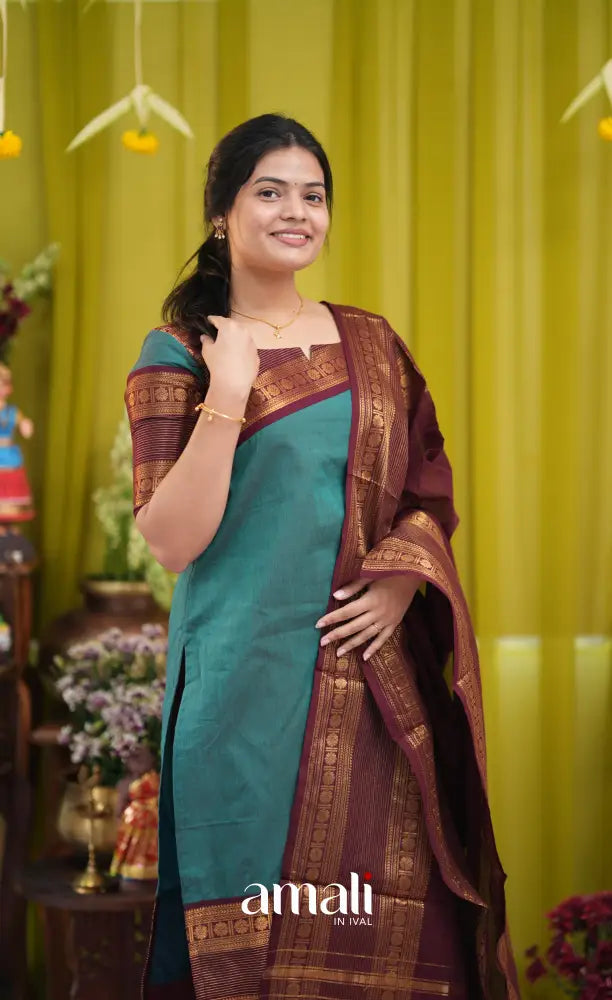 Teal blue and Brown Chettinad Cotton Salwar Set - salwar