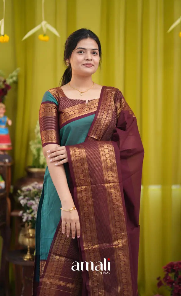 Teal blue and Brown Chettinad Cotton Salwar Set - salwar
