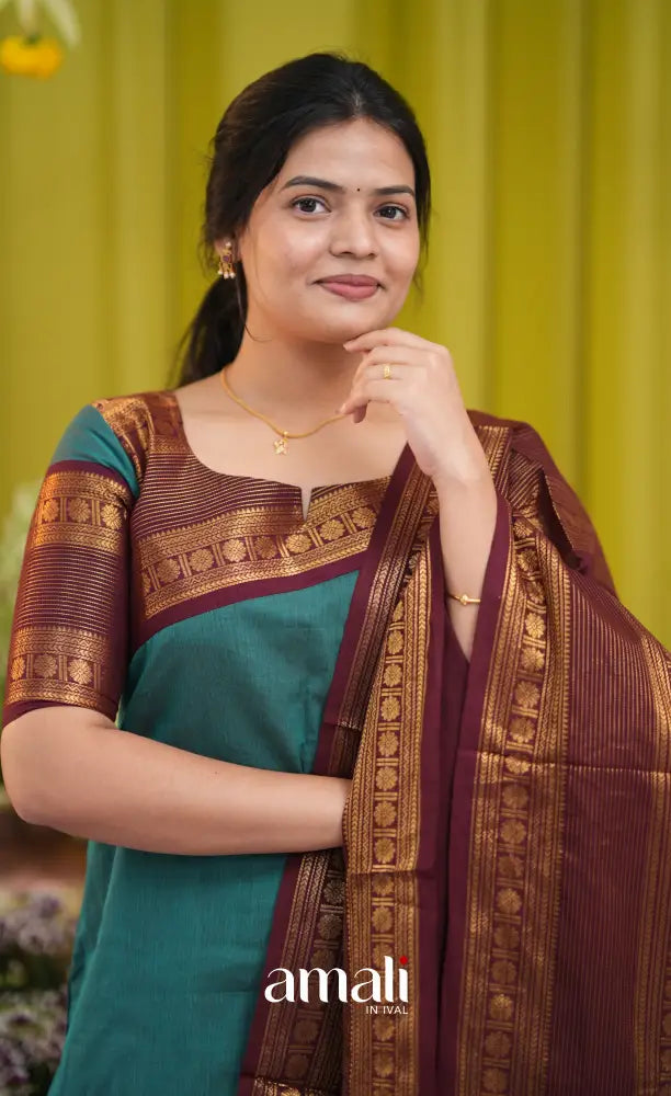 Teal blue and Brown Chettinad Cotton Salwar Set - salwar