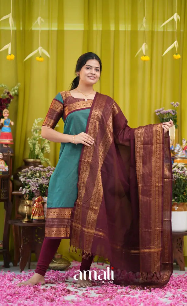Teal blue and Brown Chettinad Cotton Salwar Set - salwar