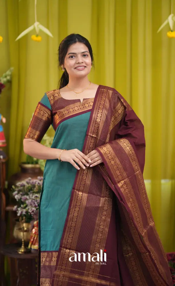 Teal blue and Brown Chettinad Cotton Salwar Set - salwar