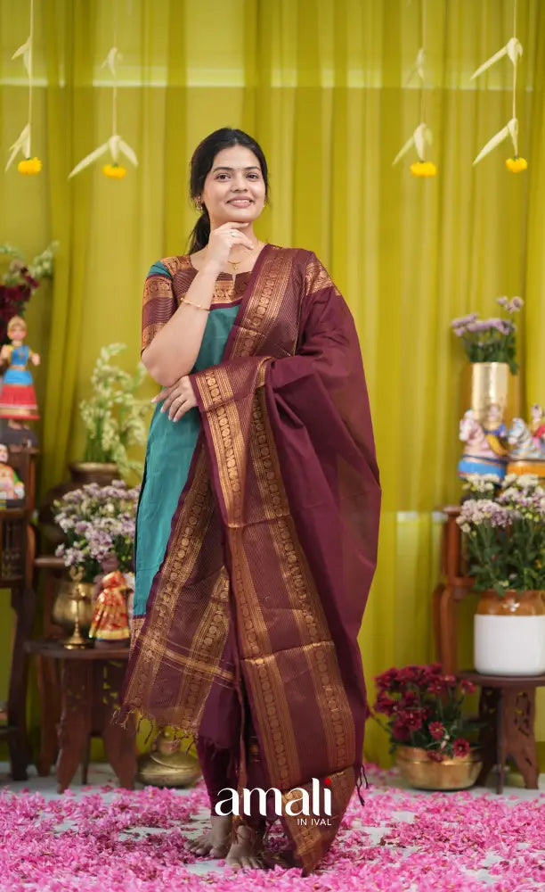 Teal blue and Brown Chettinad Cotton Salwar Set - salwar