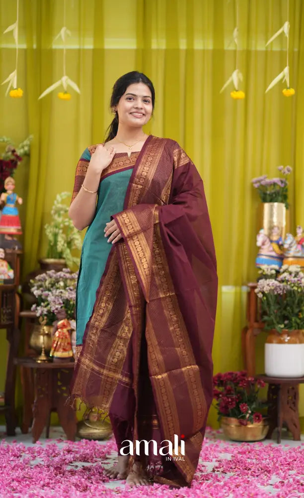 Teal blue and Brown Chettinad Cotton Salwar Set - salwar