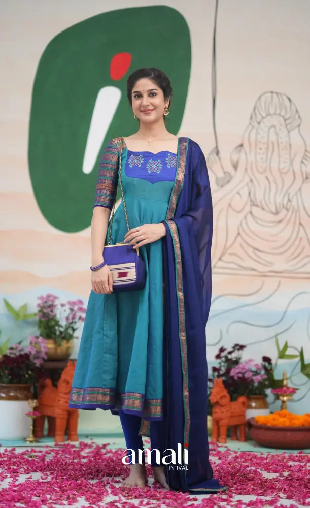 Teal Blue and Dark Blue Kolam Cotton Anarkali - Anarkalis