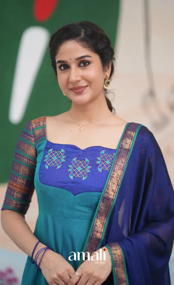 Teal Blue and Dark Blue Kolam Cotton Anarkali - Anarkalis