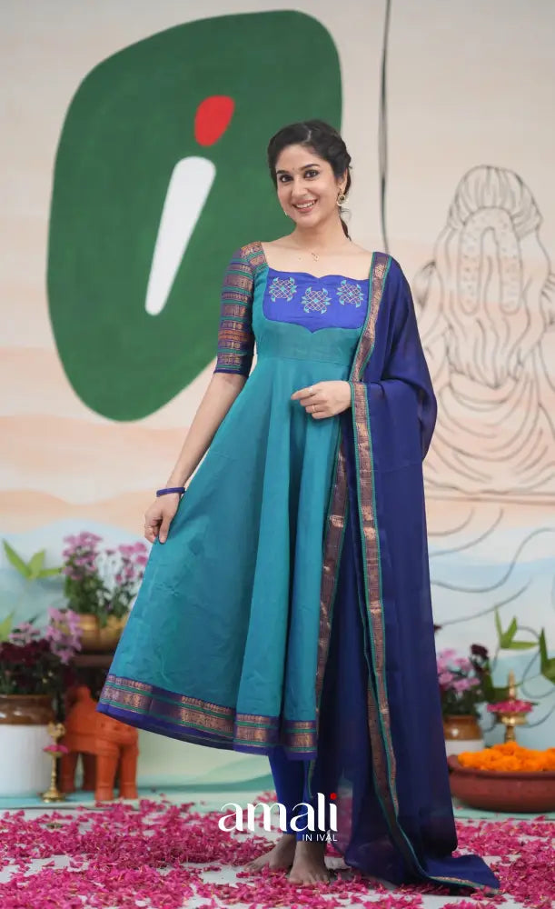 Teal Blue and Dark Blue Kolam Cotton Anarkali - Anarkalis