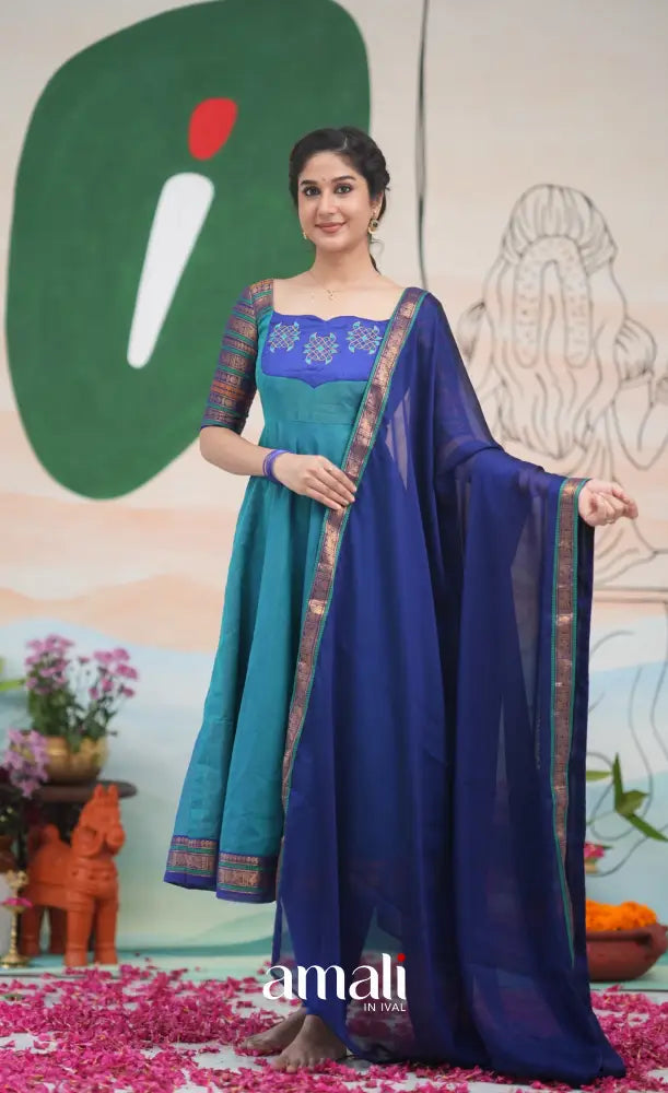 Teal Blue and Dark Blue Kolam Cotton Anarkali - Anarkalis