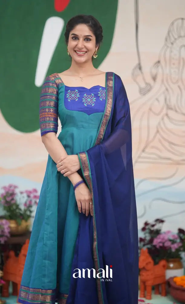 Teal Blue and Dark Blue Kolam Cotton Anarkali - Anarkalis