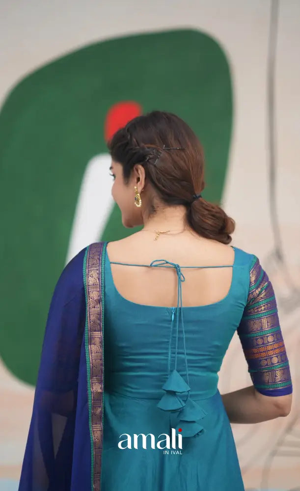 Teal Blue and Dark Blue Kolam Cotton Anarkali - Anarkalis