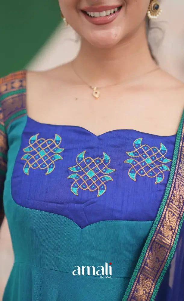Teal Blue and Dark Blue Kolam Cotton Anarkali - Anarkalis
