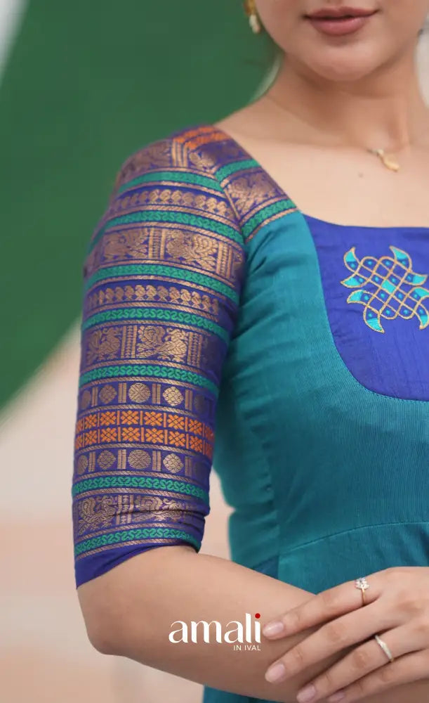 Teal Blue and Dark Blue Kolam Cotton Anarkali - Anarkalis