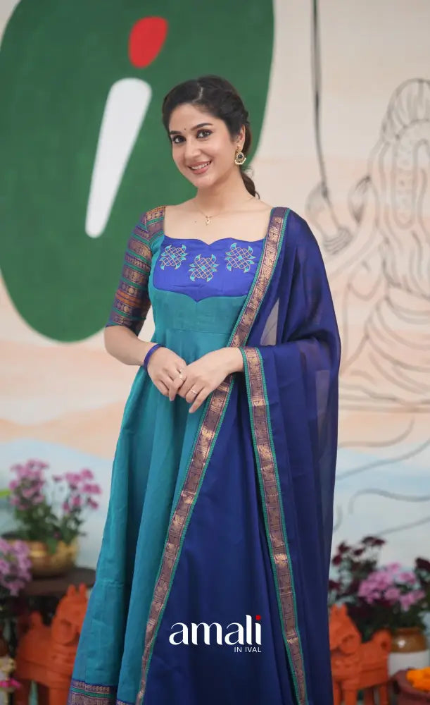 Teal Blue and Dark Blue Kolam Cotton Anarkali - Anarkalis