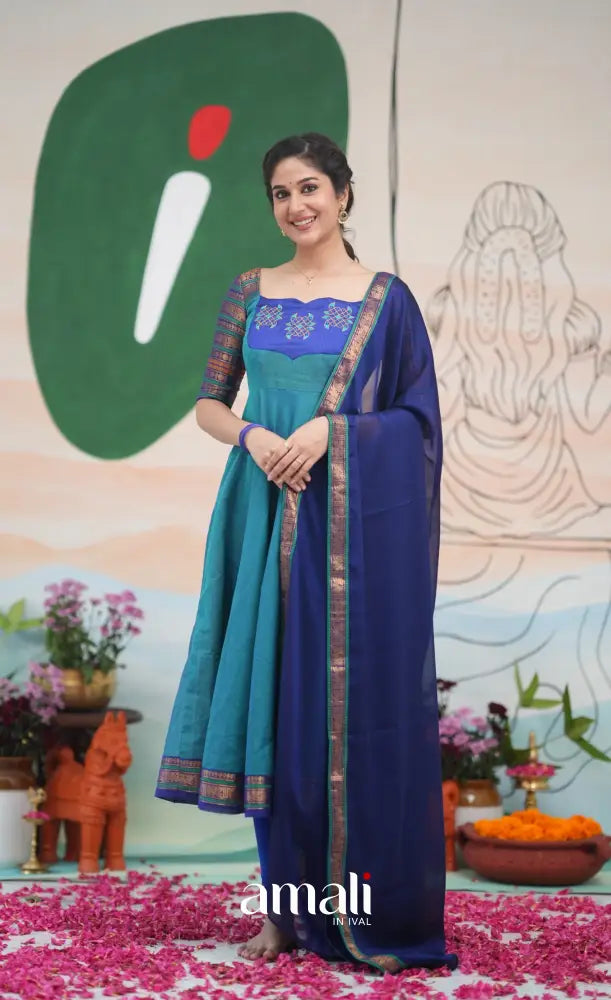 Teal Blue and Dark Blue Kolam Cotton Anarkali - Anarkalis