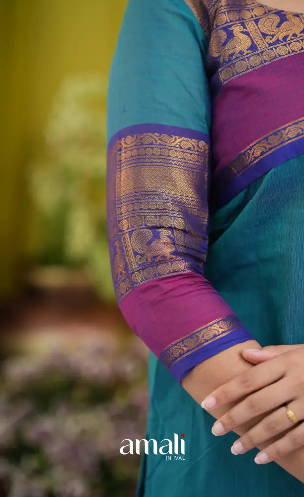 Teal blue and Dark pink Chettinad Cotton Salwar Set - salwar