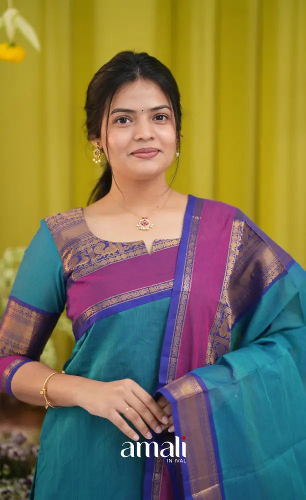 Teal blue and Dark pink Chettinad Cotton Salwar Set - salwar