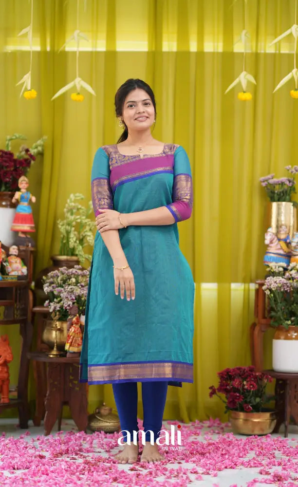 Teal blue and Dark pink Chettinad Cotton Salwar Set - salwar