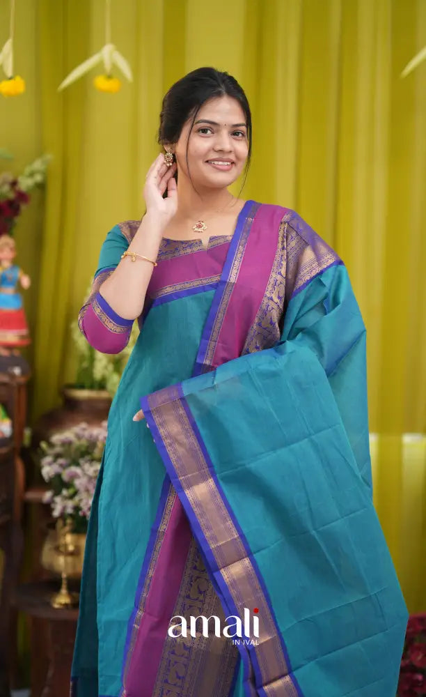 Teal blue and Dark pink Chettinad Cotton Salwar Set - salwar