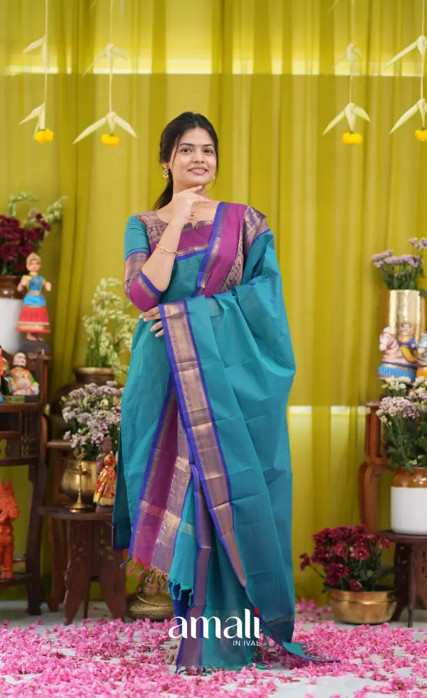 Teal blue and Dark pink Chettinad Cotton Salwar Set - salwar