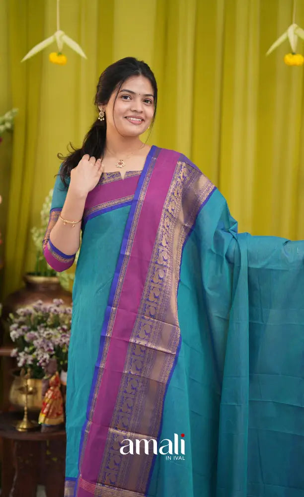 Teal blue and Dark pink Chettinad Cotton Salwar Set - salwar