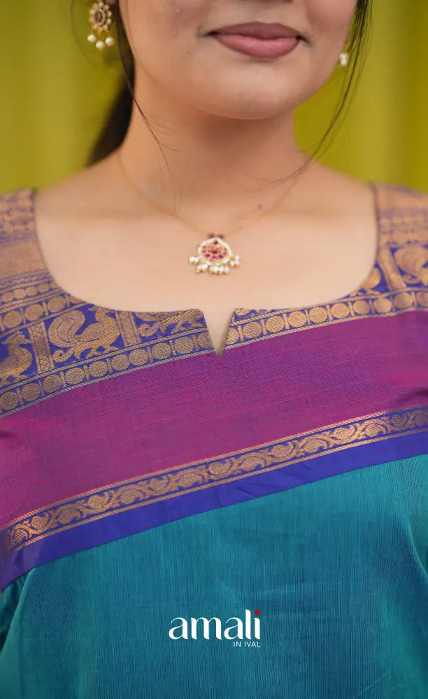 Teal blue and Dark pink Chettinad Cotton Salwar Set - salwar