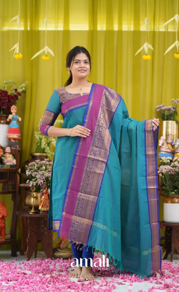 Teal blue and Dark pink Chettinad Cotton Salwar Set - salwar