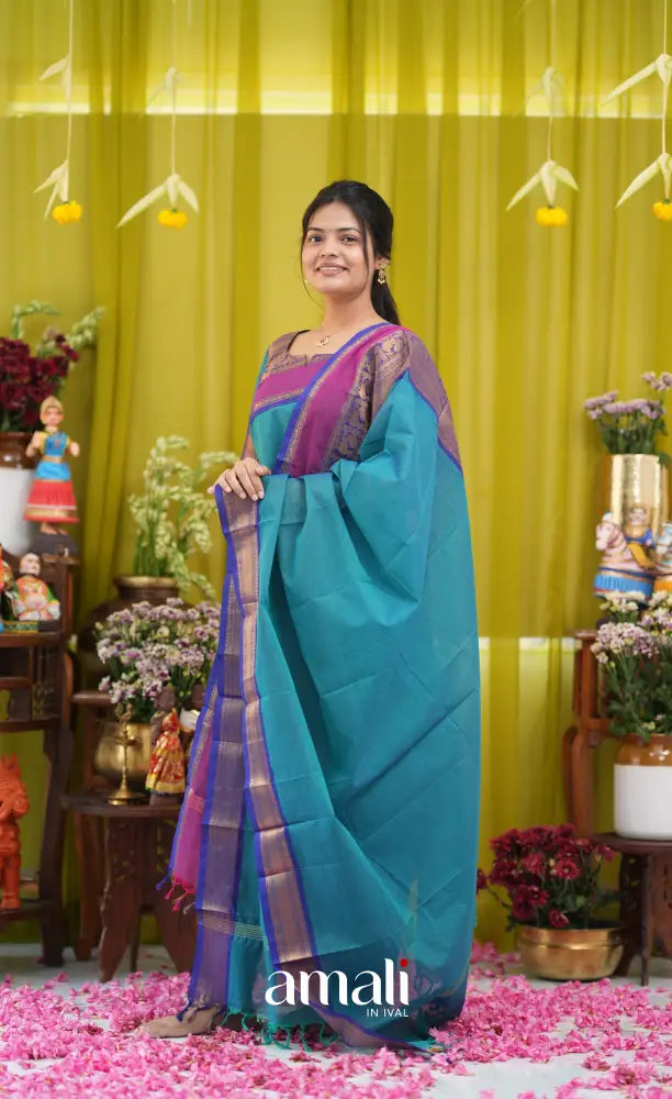 Teal blue and Dark pink Chettinad Cotton Salwar Set - salwar