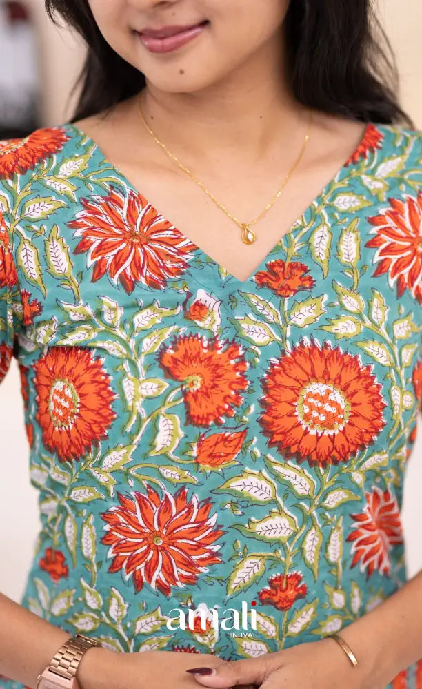Teal Blue and Orange Jaipur Print Cotton Top and Pant - salwar