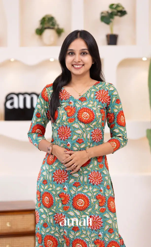 Teal Blue and Orange Jaipur Print Cotton Top and Pant - salwar