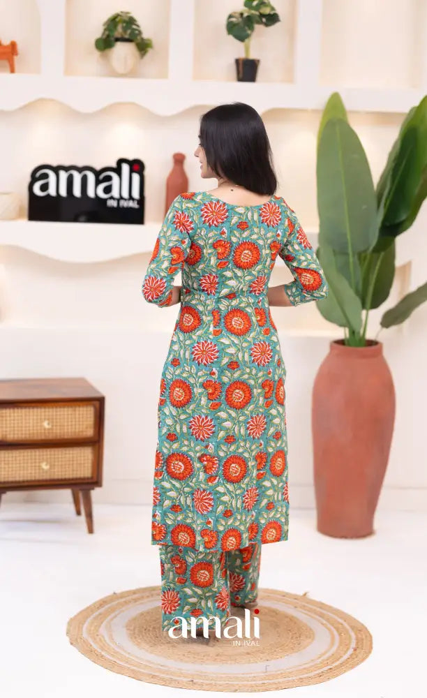 Teal Blue and Orange Jaipur Print Cotton Top and Pant - salwar