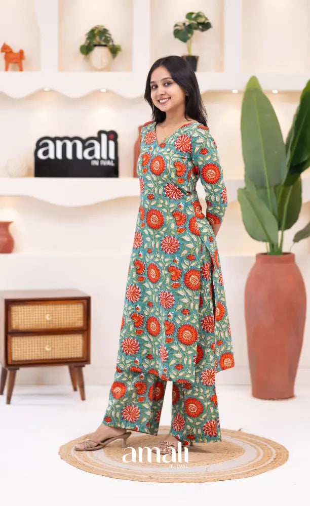 Teal Blue and Orange Jaipur Print Cotton Top and Pant - salwar