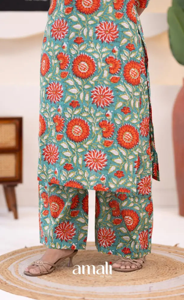 Teal Blue and Orange Jaipur Print Cotton Top and Pant - salwar