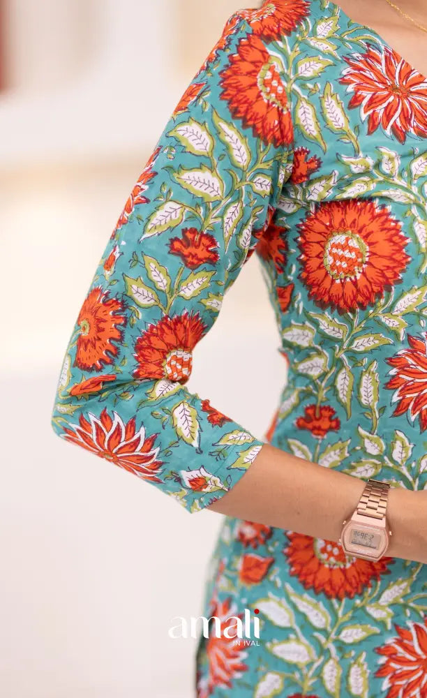 Teal Blue and Orange Jaipur Print Cotton Top and Pant - salwar