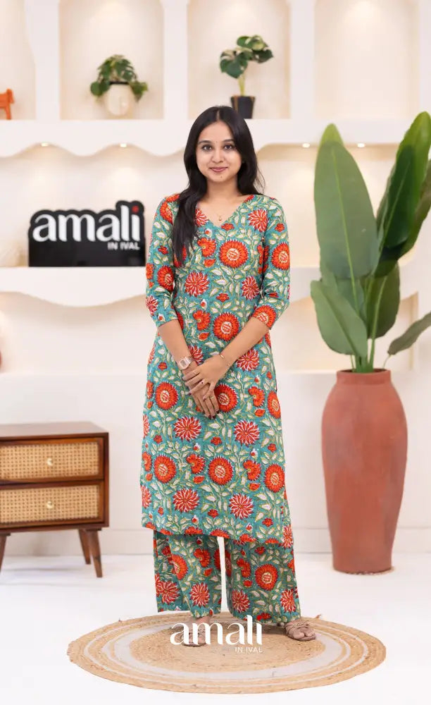 Teal Blue and Orange Jaipur Print Cotton Top and Pant - salwar